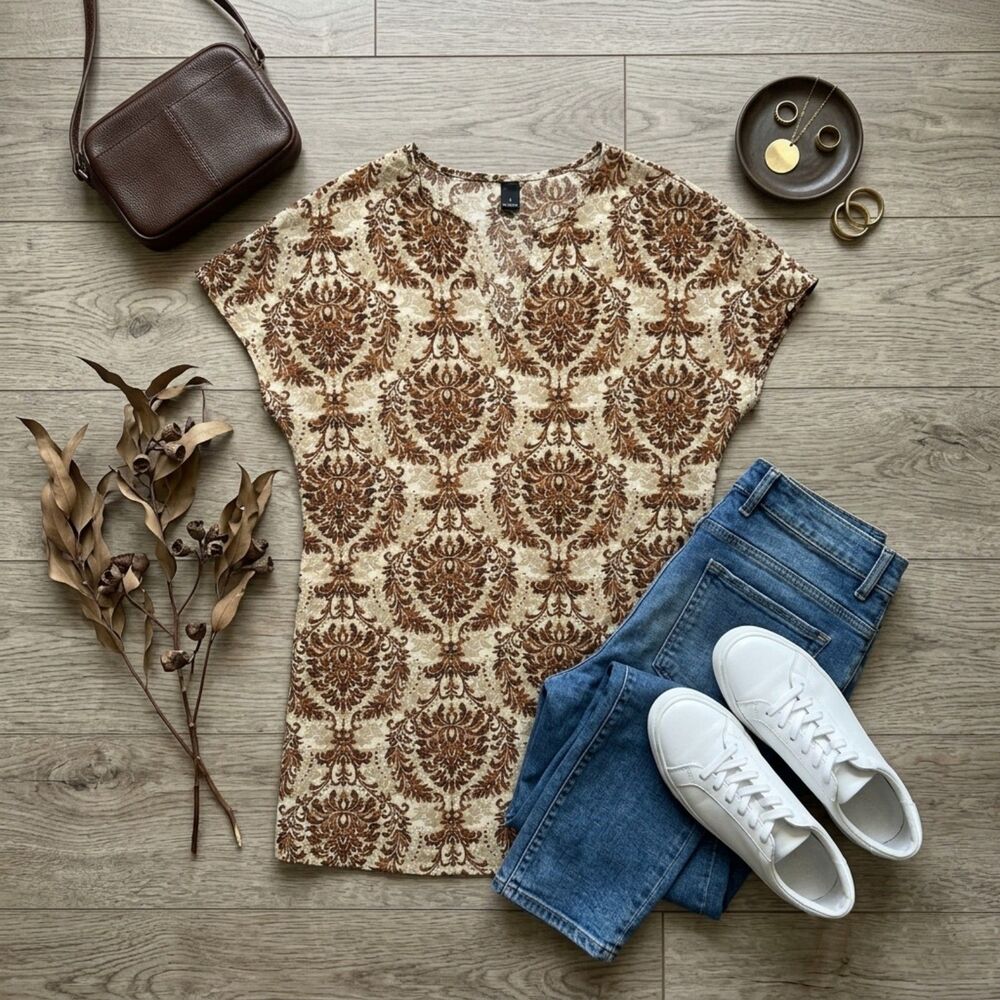 Emery Rose Shein Brown Damask Print Tunic Top M Boho Fall Keyhole